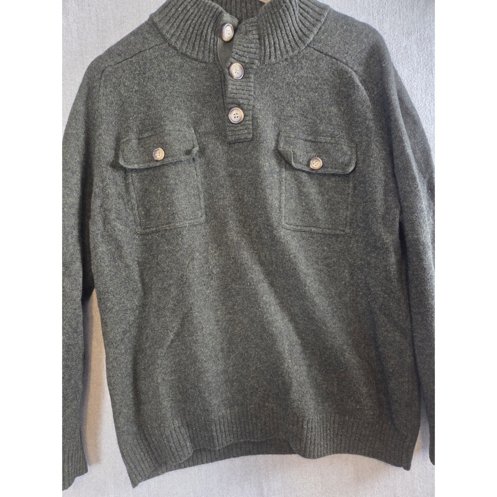 J Crew Vintage Mens L Lambswool Sweater Cowl Neck Buttons Olive Green Retro